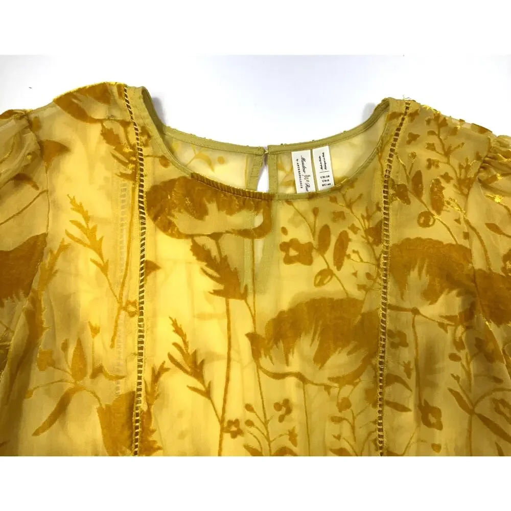 Anthropology Meadow Rue Sheer Velvet Boho Blouse Sz 8 Gold Floral Peasant - Picture 6 of 12